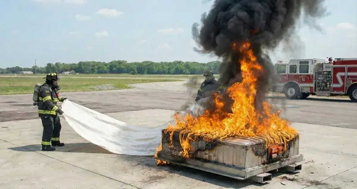 Person using fire blanket to contain a smoking lithium battery on concrete surface, demonstrating safe response technique.
